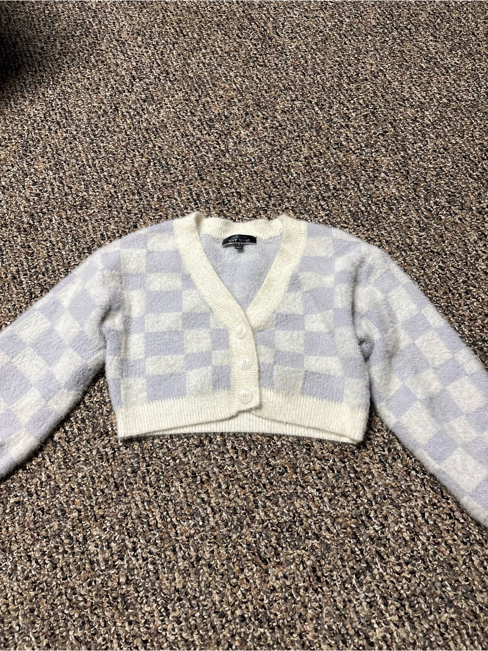 Cropped Lavender Check V‑Neck Cardigan Sweater